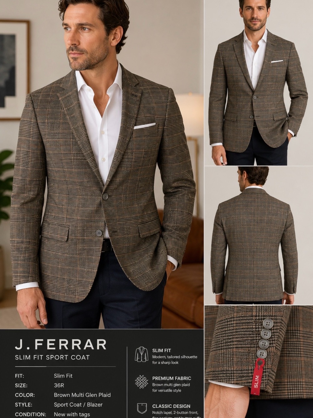 J.Ferrar Slim Fit Brown Glen Plaid Sport Coat Blazer 36R NWT